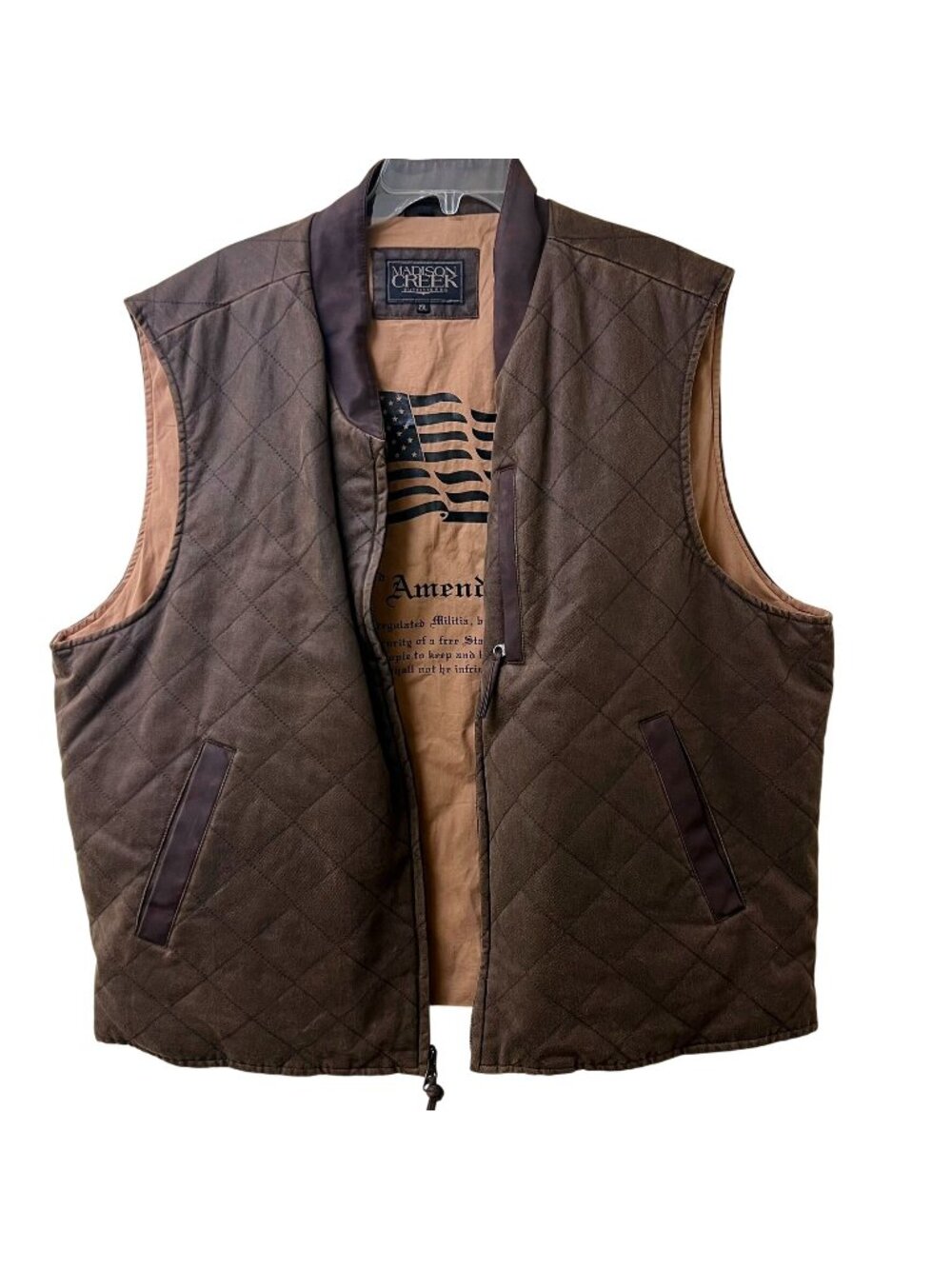 Madison Creek Outfitters Mens 2XL Quilted Brown Vest With 2nd Amendment Lining